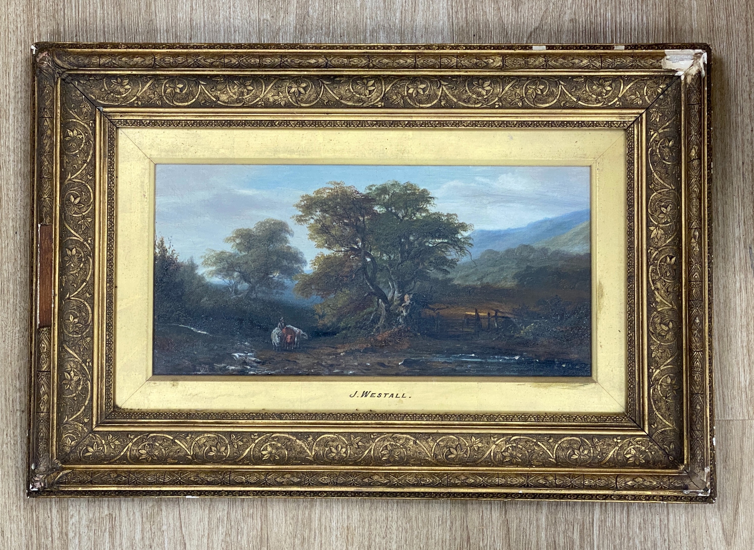 After John Westall (1823-1894), oil on canvas, rural view with cattle 19x39cm